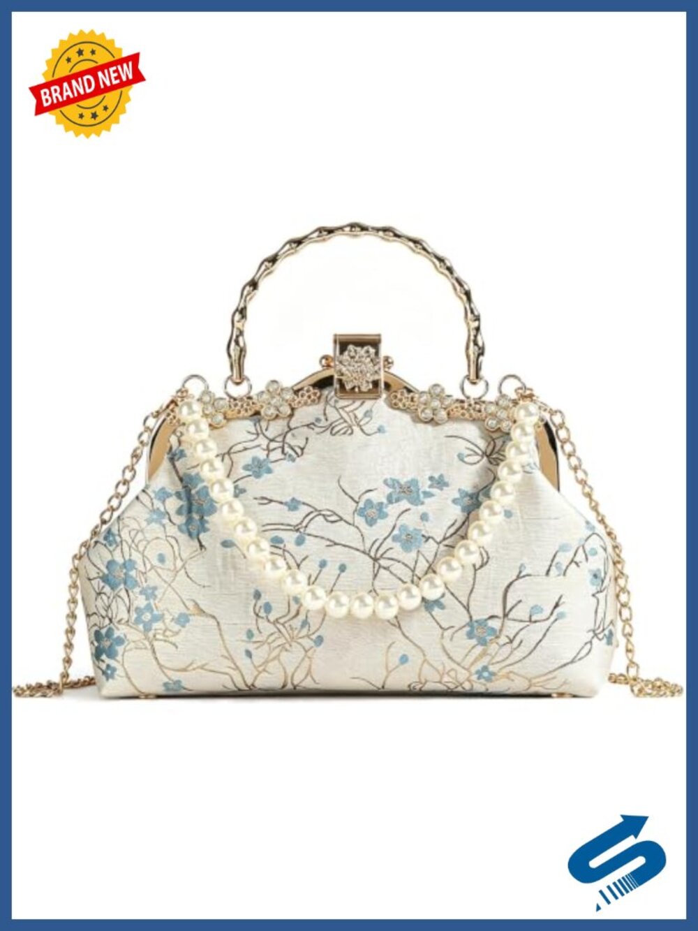 Embroidered Evening Clutch Pearl Handle Floral Kiss Lock Bag
